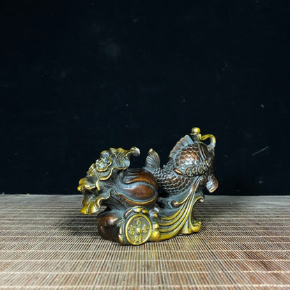 Exquisite Handcrafted Brass Gilded Fish and Cabbage Statue - Symbol of Wealth and Good Fortune