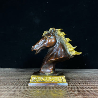 Handcrafted Pure Copper Gilded Horse Head Statue - Elegant Desktop Decor for Success and Prosperity