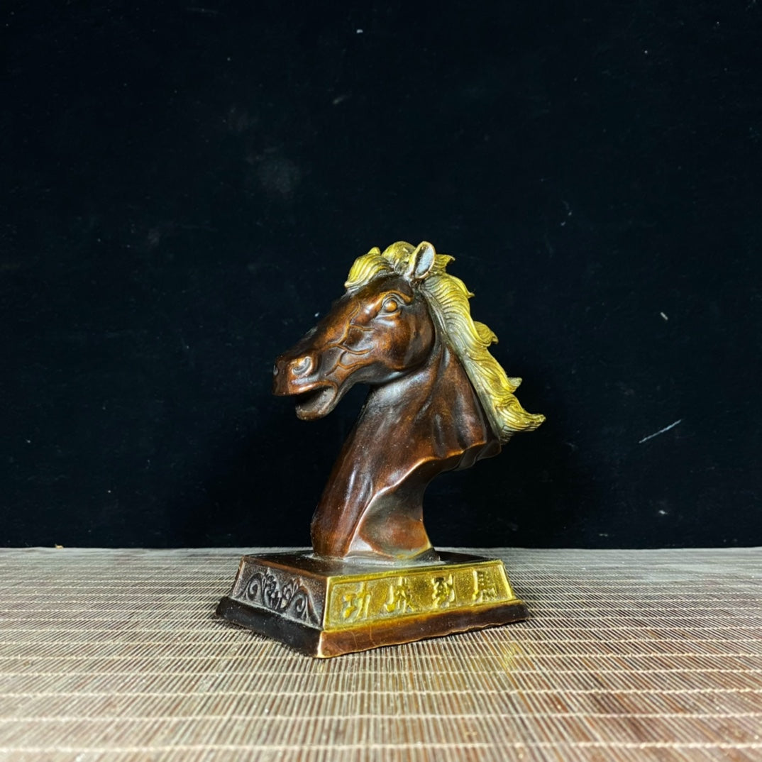 Handcrafted Pure Copper Gilded Horse Head Statue - Elegant Desktop Decor for Success and Prosperity