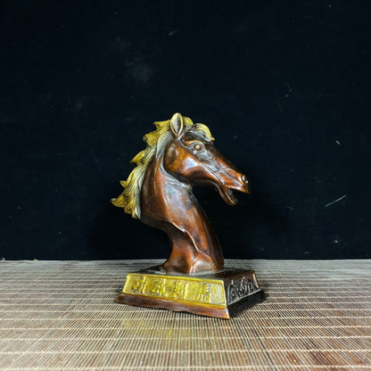 Handcrafted Pure Copper Gilded Horse Head Statue - Elegant Desktop Decor for Success and Prosperity