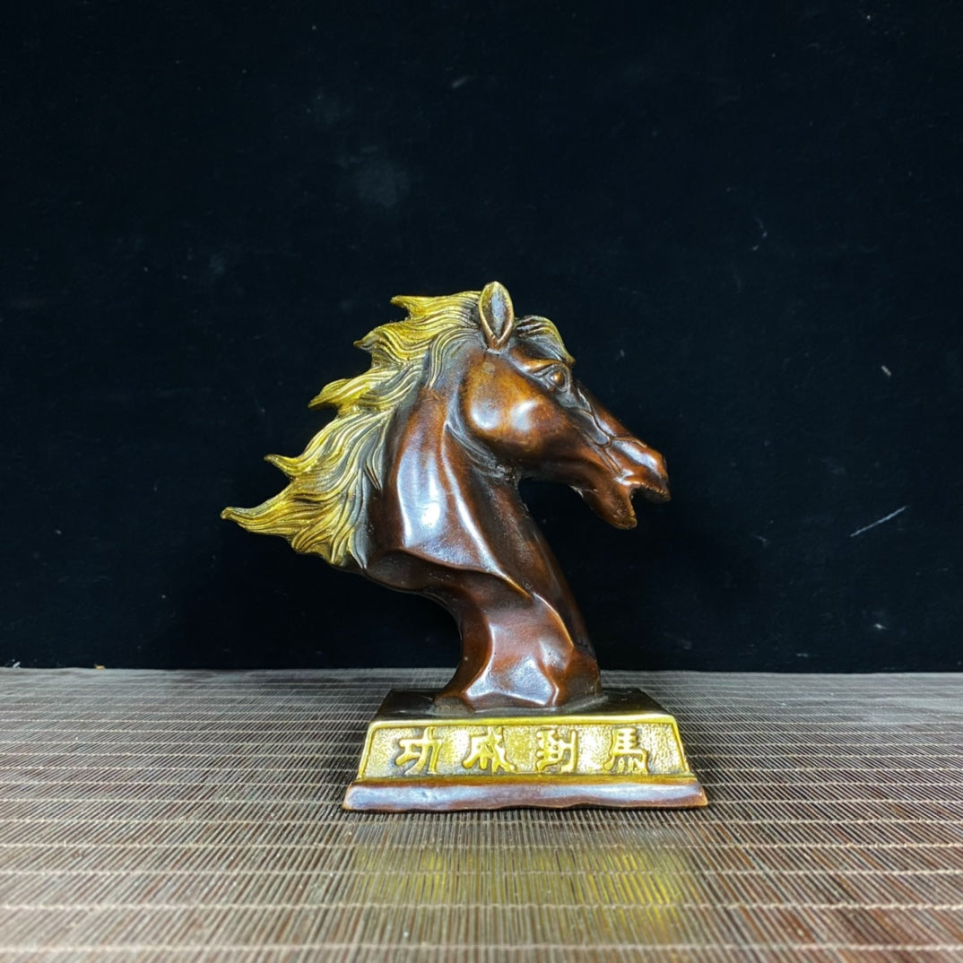 Handcrafted Pure Copper Gilded Horse Head Statue - Elegant Desktop Decor for Success and Prosperity