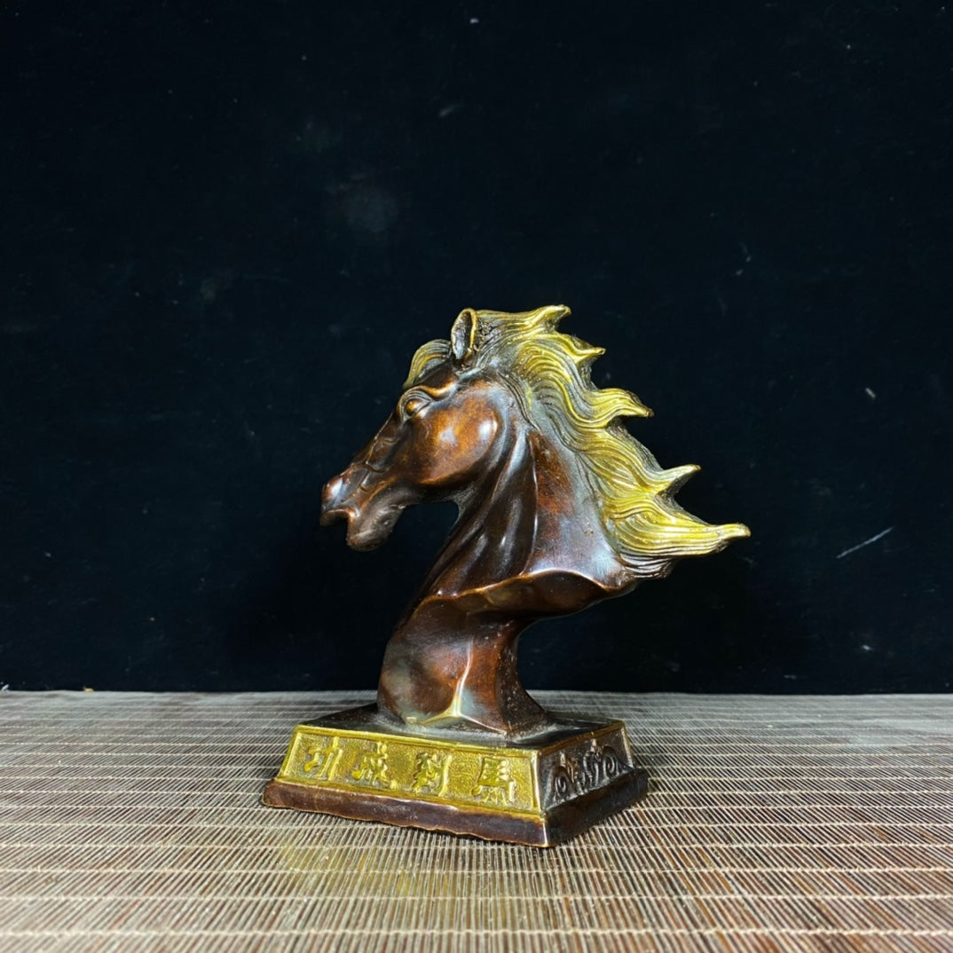 Handcrafted Pure Copper Gilded Horse Head Statue - Elegant Desktop Decor for Success and Prosperity