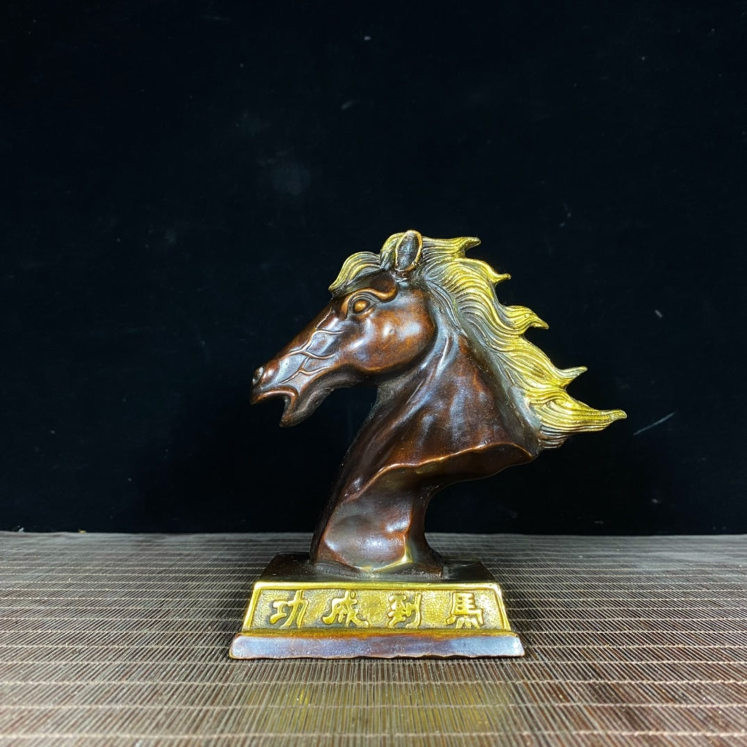 Handcrafted Pure Copper Gilded Horse Head Statue - Elegant Desktop Decor for Success and Prosperity