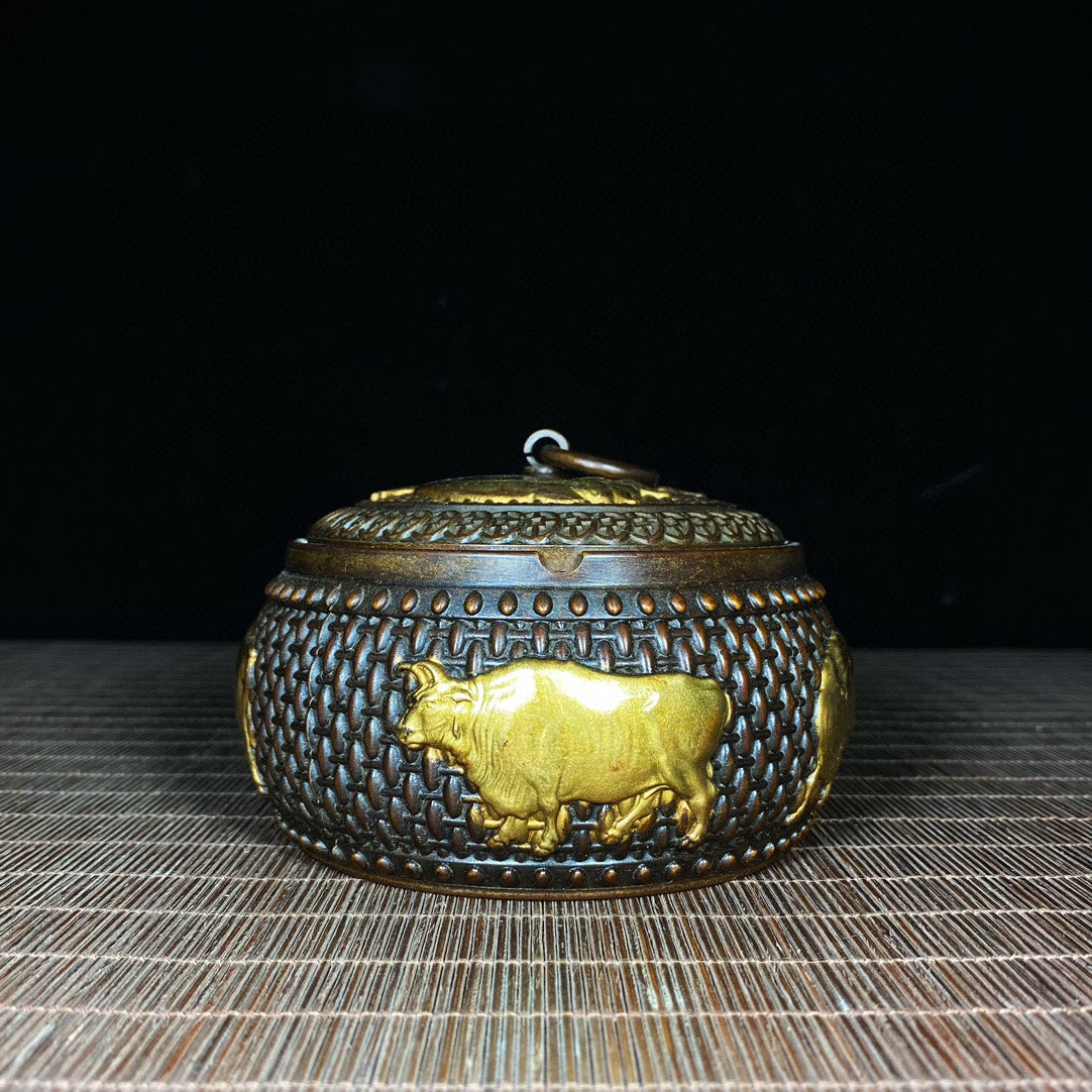 Handcrafted Rare Brass Gilt Bull Relief Ashtray - Exquisite Art Piece