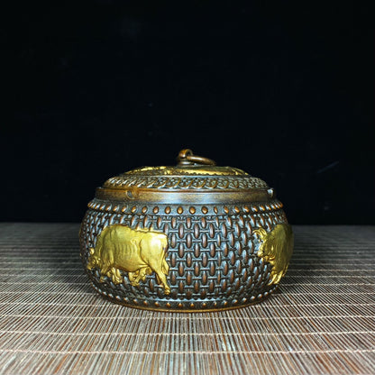 Handcrafted Rare Brass Gilt Bull Relief Ashtray - Exquisite Art Piece