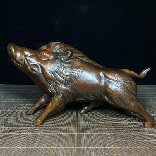 Handcrafted Pure Copper Wild Boar Statue - Unique Vintage Collectible for Home & Office Decor