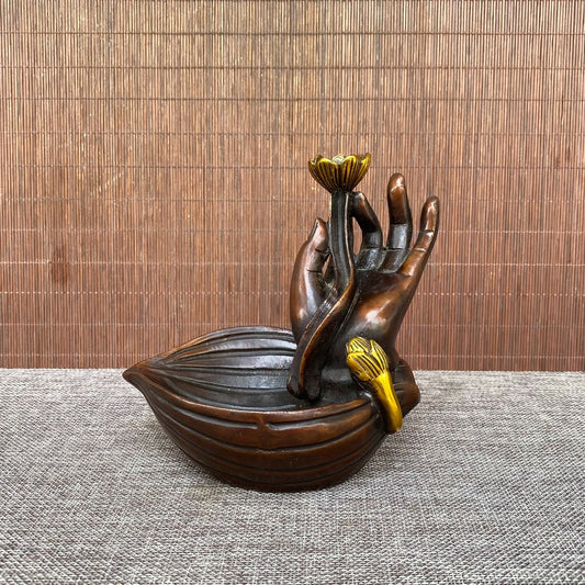 Handcrafted Pure Copper Gilded Lotus Buddha Hand Incense Burner