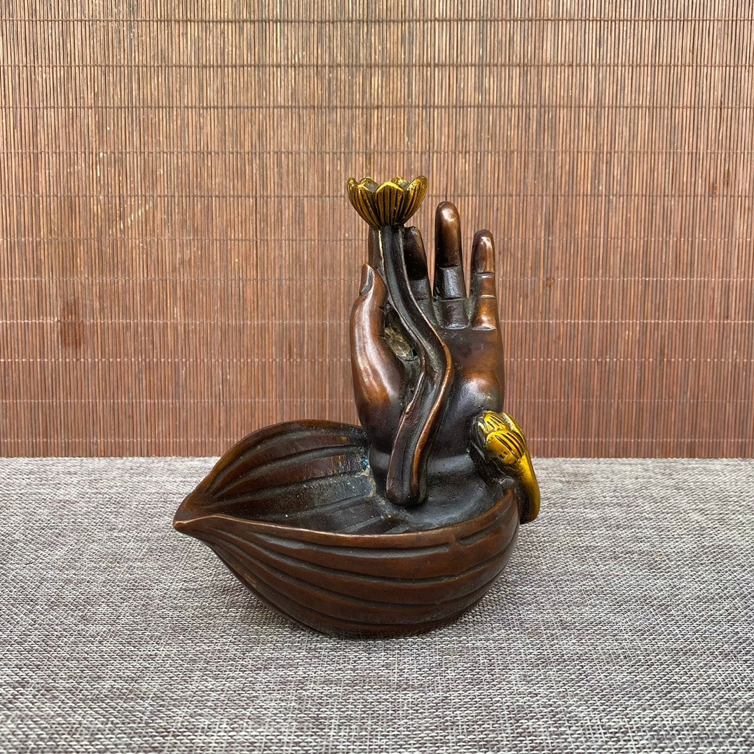 Handcrafted Pure Copper Gilded Lotus Buddha Hand Incense Burner