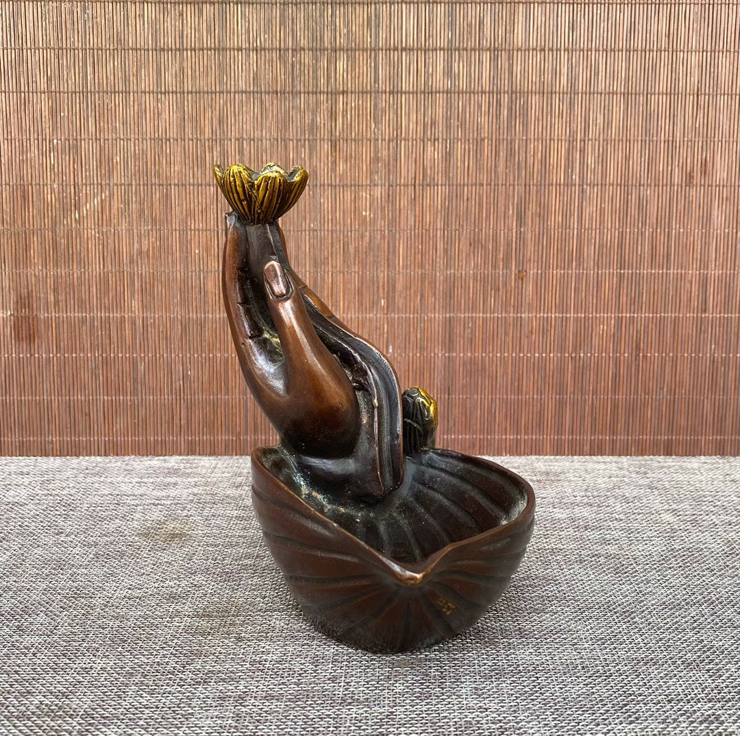 Handcrafted Pure Copper Gilded Lotus Buddha Hand Incense Burner