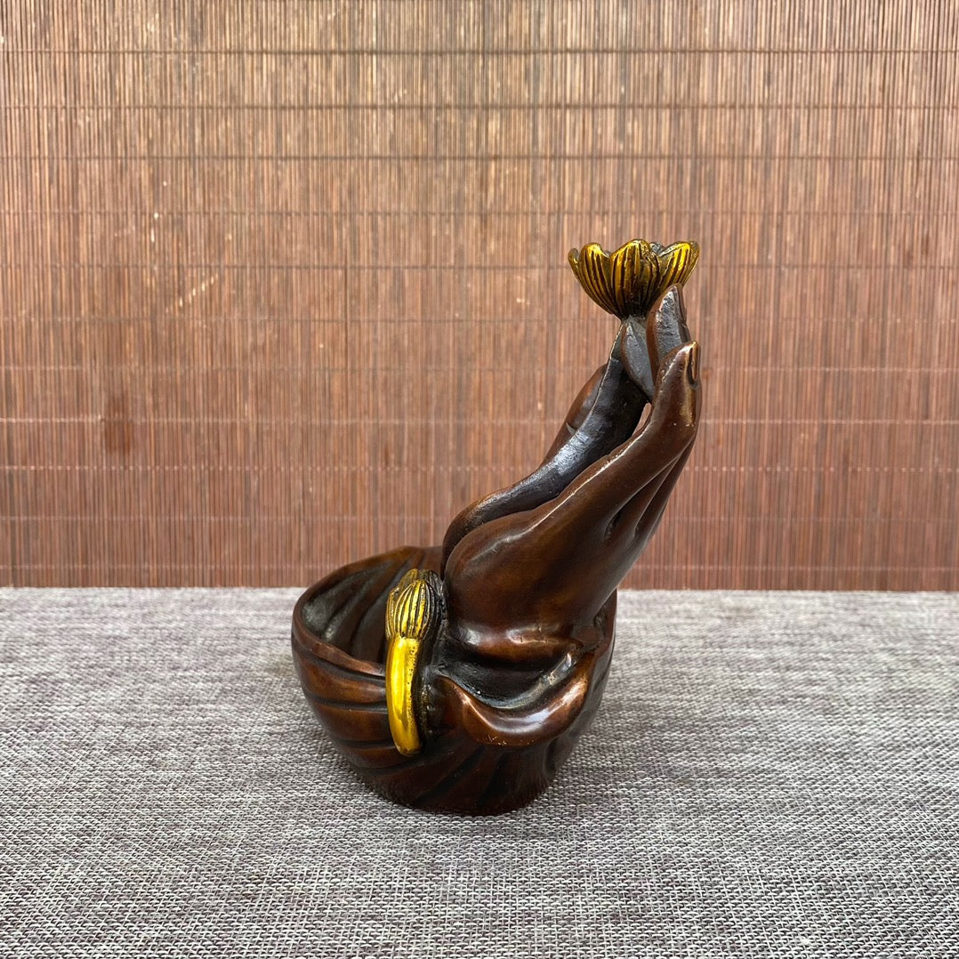 Handcrafted Pure Copper Gilded Lotus Buddha Hand Incense Burner