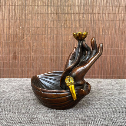 Handcrafted Pure Copper Gilded Lotus Buddha Hand Incense Burner