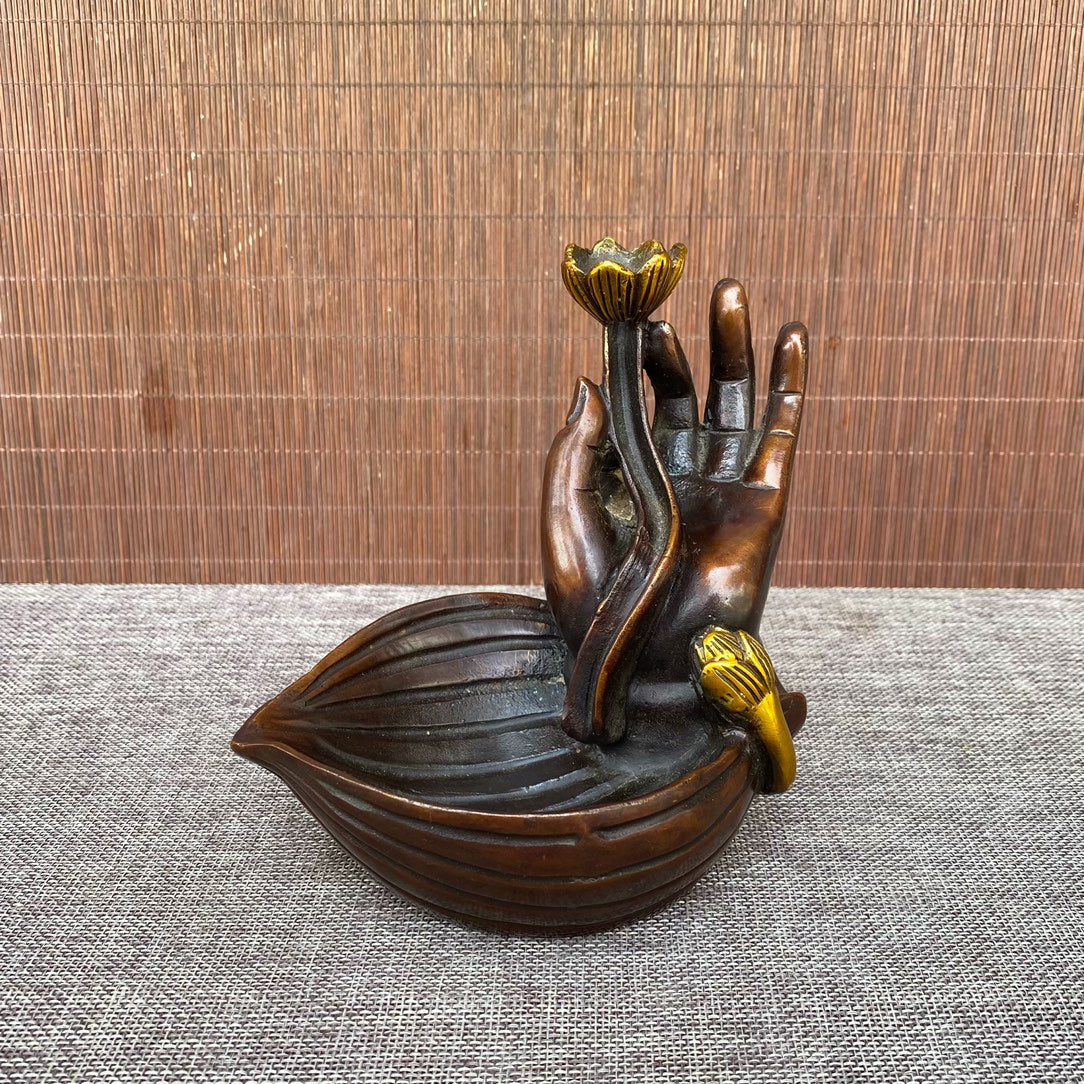 Handcrafted Pure Copper Gilded Lotus Buddha Hand Incense Burner