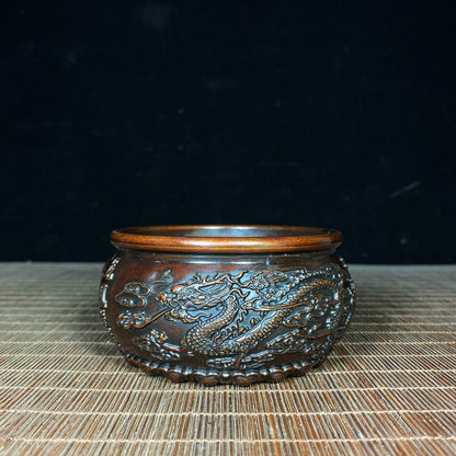 Pure Copper Embossed Dragon and Phoenix Treasure Bowl - Handcrafted Rare Art Piece, Perfect Gift