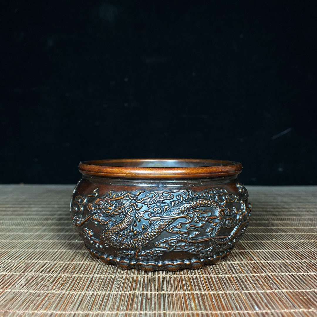 Pure Copper Embossed Dragon and Phoenix Treasure Bowl - Handcrafted Rare Art Piece, Perfect Gift