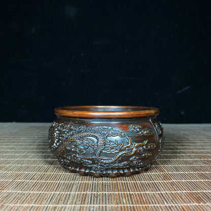 Pure Copper Embossed Dragon and Phoenix Treasure Bowl - Handcrafted Rare Art Piece, Perfect Gift