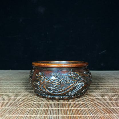 Pure Copper Embossed Dragon and Phoenix Treasure Bowl - Handcrafted Rare Art Piece, Perfect Gift