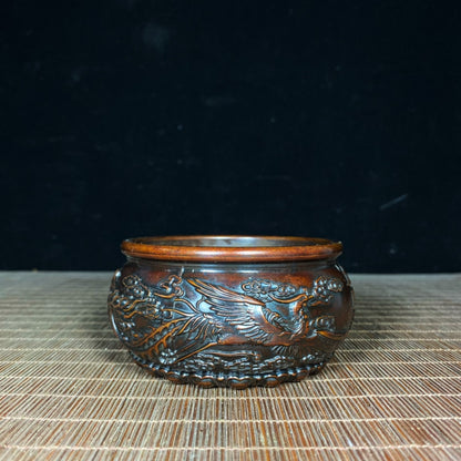 Pure Copper Embossed Dragon and Phoenix Treasure Bowl - Handcrafted Rare Art Piece, Perfect Gift