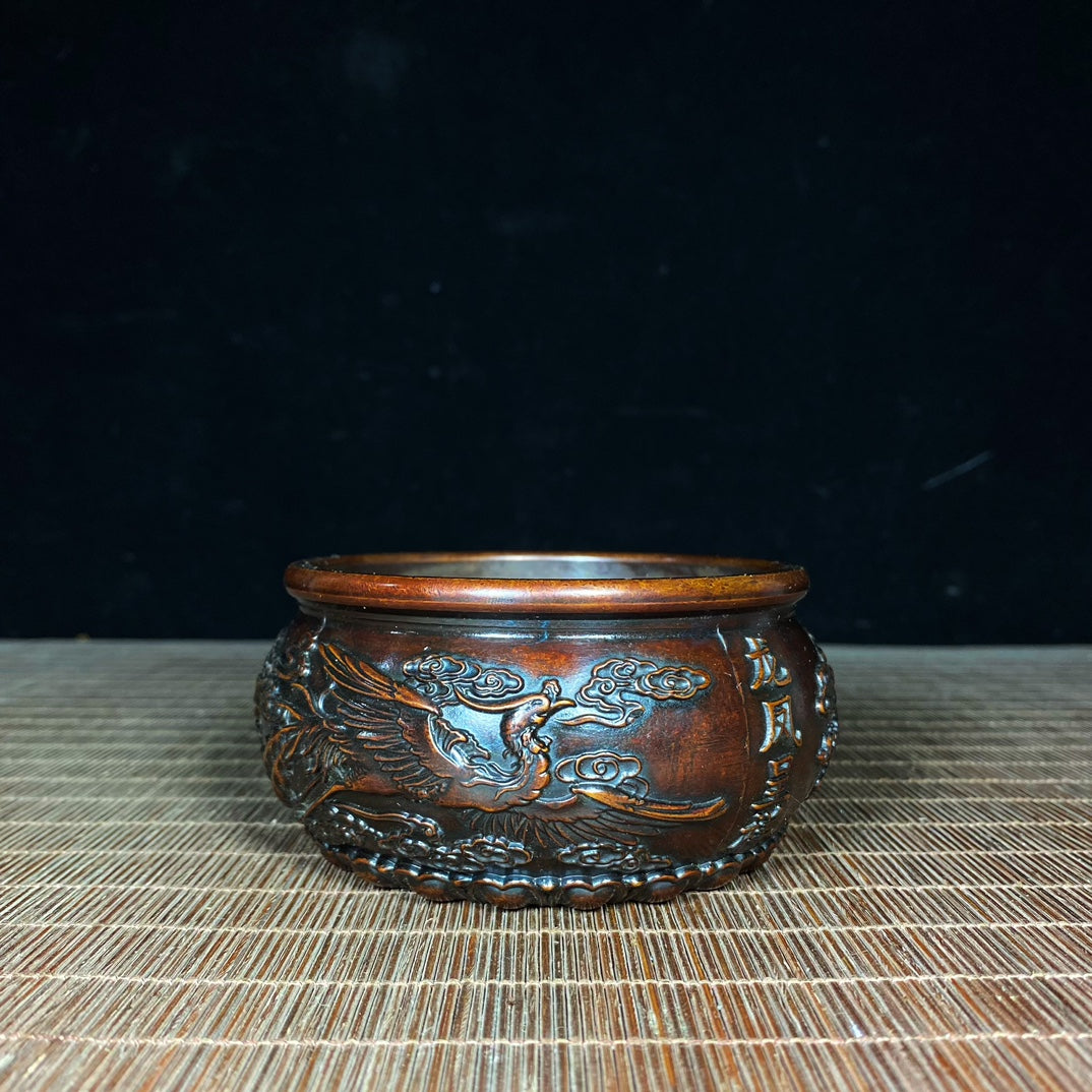 Pure Copper Embossed Dragon and Phoenix Treasure Bowl - Handcrafted Rare Art Piece, Perfect Gift