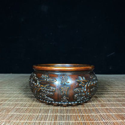 Pure Copper Embossed Dragon and Phoenix Treasure Bowl - Handcrafted Rare Art Piece, Perfect Gift