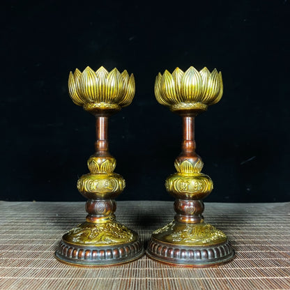 Exquisite Handcrafted Gilded Copper Dragon & Phoenix Lotus Candle Holders (Set of 2)