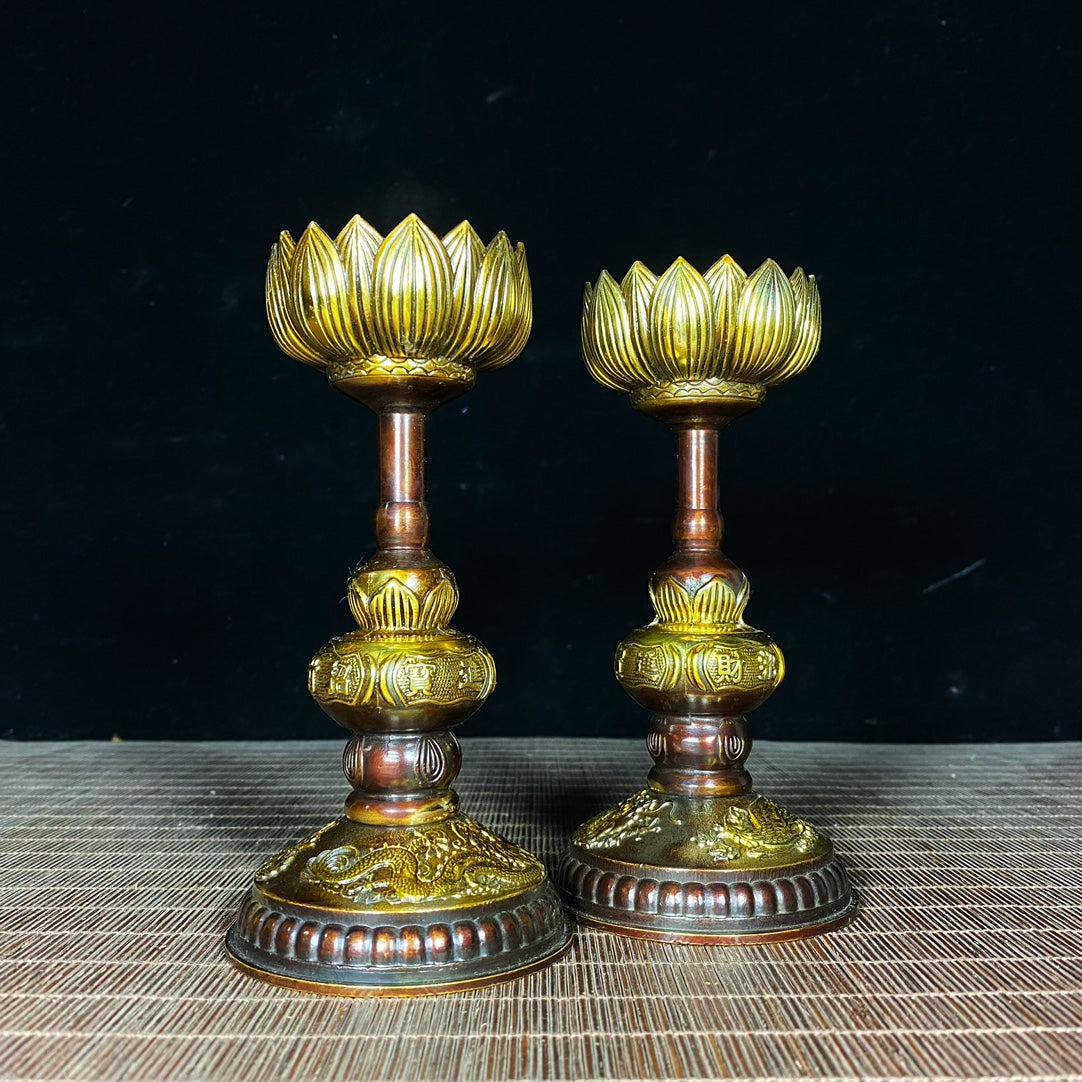 Exquisite Handcrafted Gilded Copper Dragon & Phoenix Lotus Candle Holders (Set of 2)