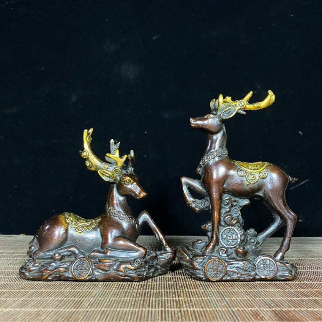 Exquisite Pair of Golden-Plated Pure Copper Deer Statues