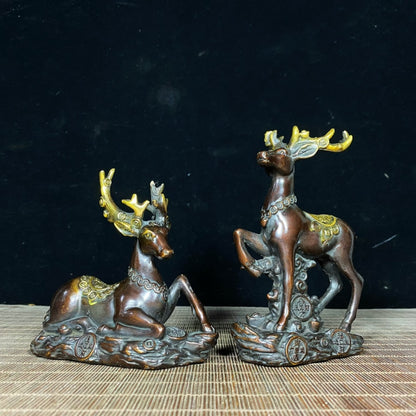 Exquisite Pair of Golden-Plated Pure Copper Deer Statues