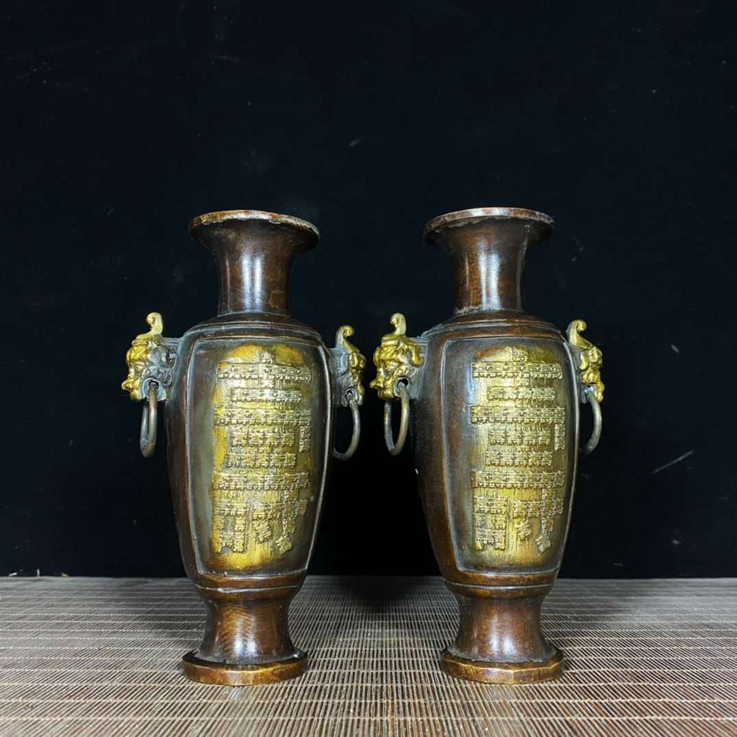 Exquisite Handcrafted Pair of Pure Copper Vases with Intricate Carvings