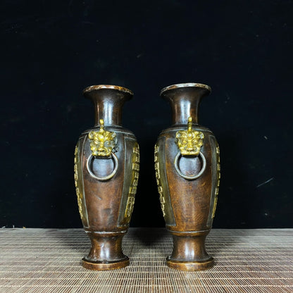 Exquisite Handcrafted Pair of Pure Copper Vases with Intricate Carvings