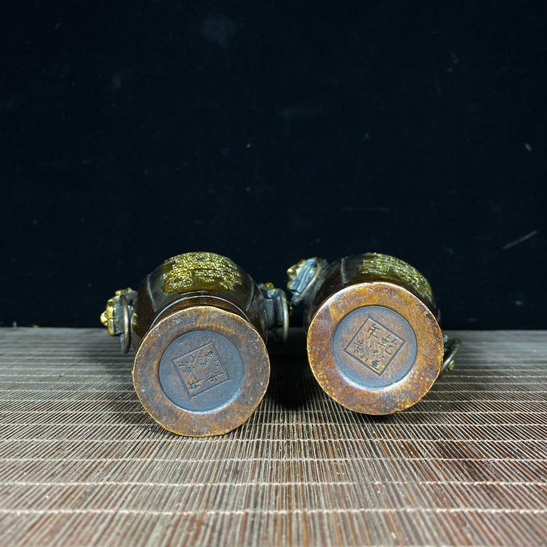 Exquisite Handcrafted Pair of Pure Copper Vases with Intricate Carvings