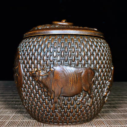 Handcrafted Pure Copper Jar with Five Engraved Bull Patterns - Unique Vintage Art Piece