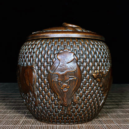 Handcrafted Pure Copper Jar with Five Engraved Bull Patterns - Unique Vintage Art Piece