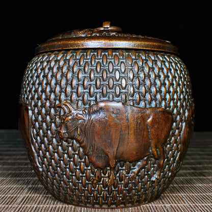 Handcrafted Pure Copper Jar with Five Engraved Bull Patterns - Unique Vintage Art Piece