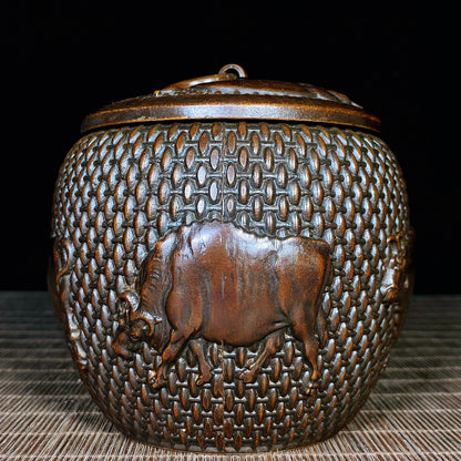 Handcrafted Pure Copper Jar with Five Engraved Bull Patterns - Unique Vintage Art Piece