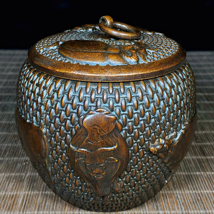 Handcrafted Pure Copper Jar with Five Engraved Bull Patterns - Unique Vintage Art Piece