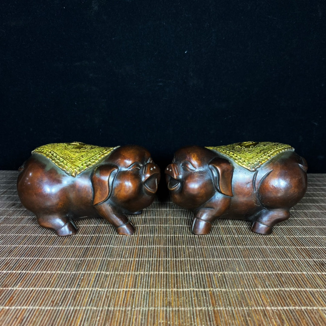 Handcrafted Pair of Gilded Pure Copper Pig Statues - Unique Vintage Art Pieces