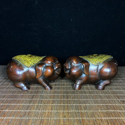 Handcrafted Pair of Gilded Pure Copper Pig Statues - Unique Vintage Art Pieces