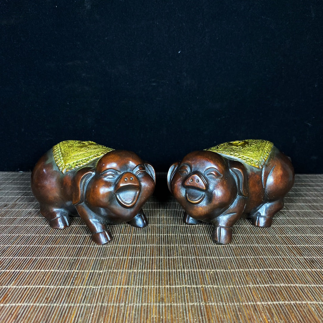 Handcrafted Pair of Gilded Pure Copper Pig Statues - Unique Vintage Art Pieces