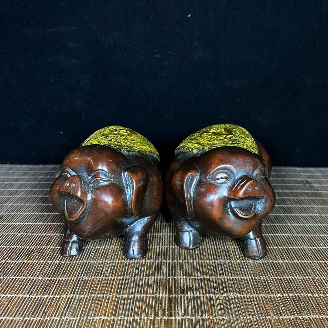 Handcrafted Pair of Gilded Pure Copper Pig Statues - Unique Vintage Art Pieces