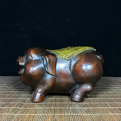 Handcrafted Pair of Gilded Pure Copper Pig Statues - Unique Vintage Art Pieces