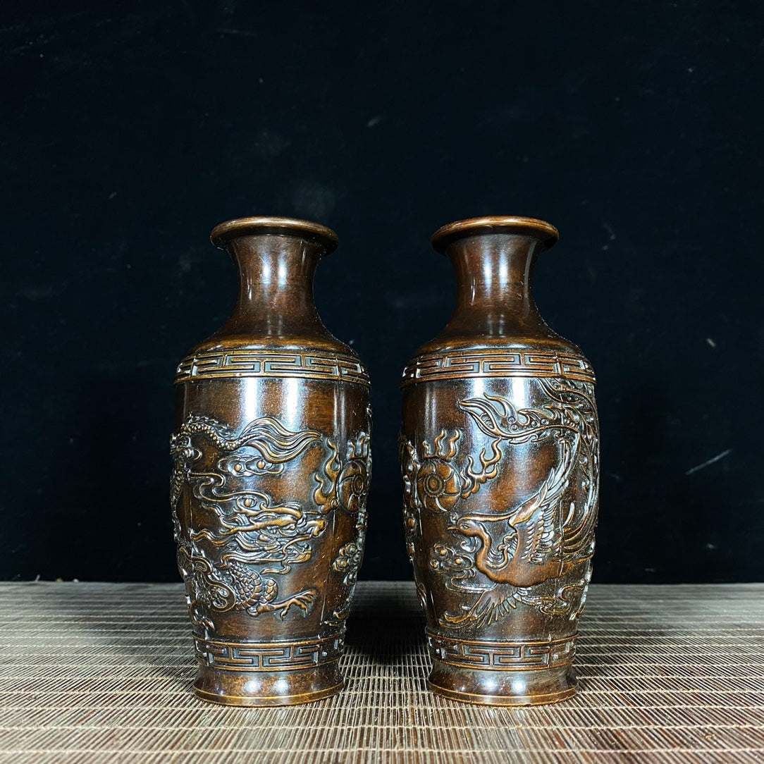 Exquisite Pair of Handcrafted Pure Copper Vases with Dragon and Phoenix Relief - Unique Gift for Collectors and Decor Enthusiasts