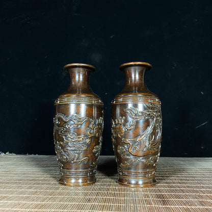 Exquisite Pair of Handcrafted Pure Copper Vases with Dragon and Phoenix Relief - Unique Gift for Collectors and Decor Enthusiasts