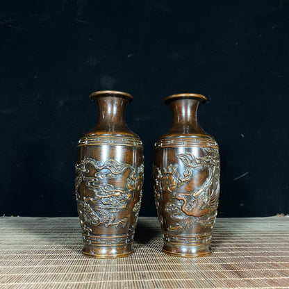 Exquisite Pair of Handcrafted Pure Copper Vases with Dragon and Phoenix Relief - Unique Gift for Collectors and Decor Enthusiasts