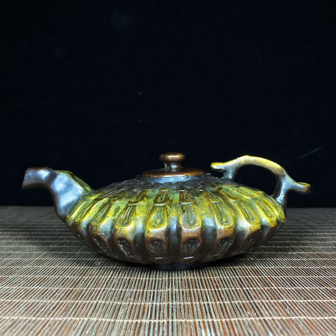 Handcrafted Pure Copper Gilded Teapot with Engraved Peacock Feather Design