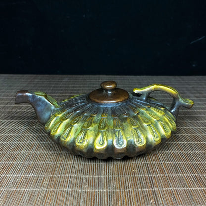 Handcrafted Pure Copper Gilded Teapot with Engraved Peacock Feather Design