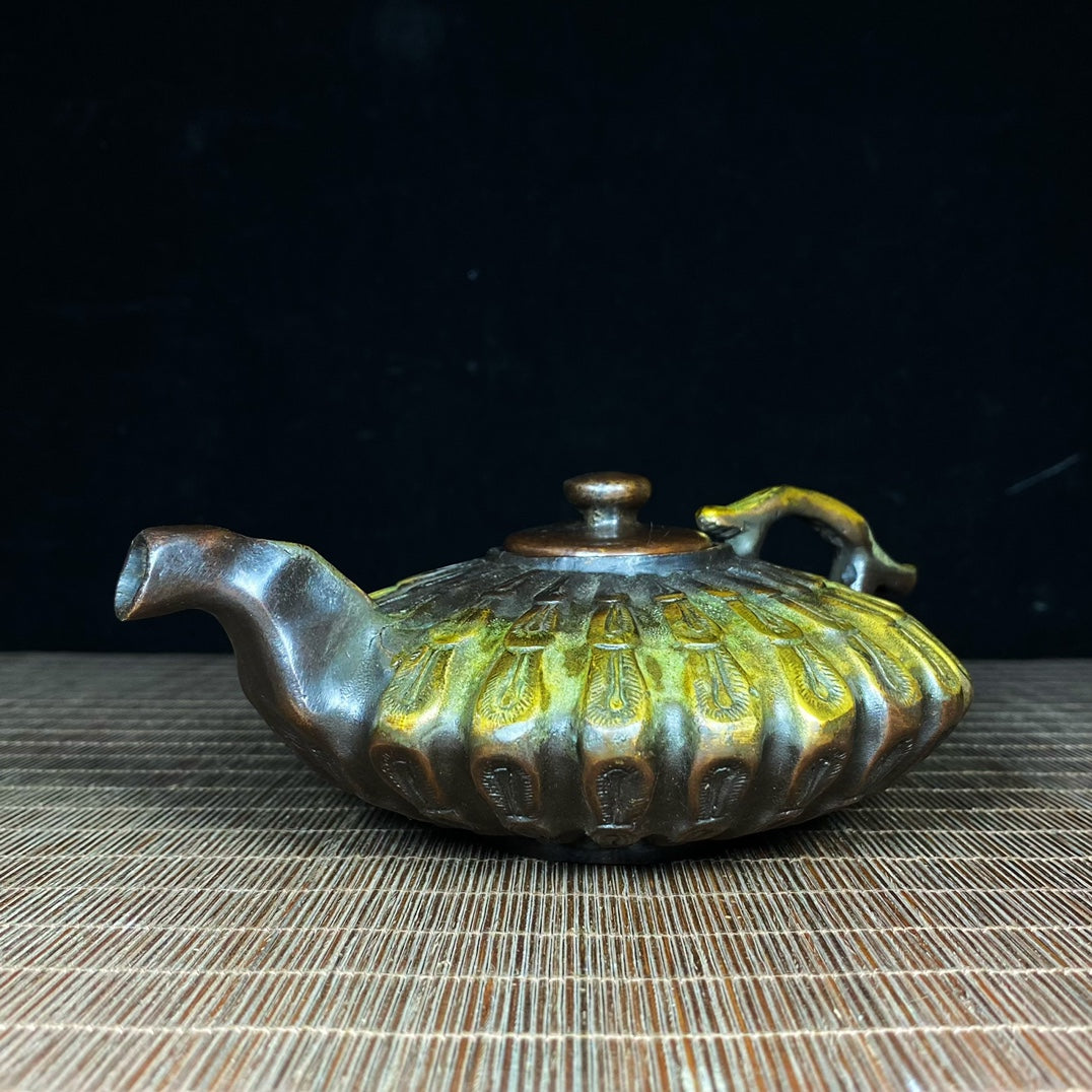 Handcrafted Pure Copper Gilded Teapot with Engraved Peacock Feather Design