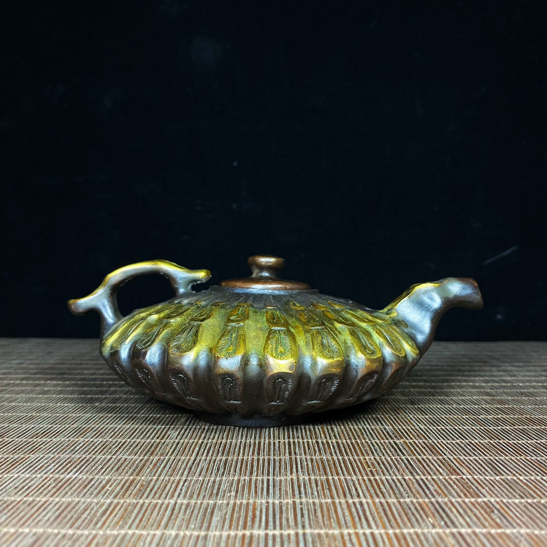 Handcrafted Pure Copper Gilded Teapot with Engraved Peacock Feather Design