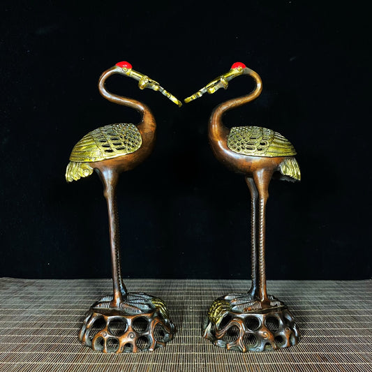 Pair of Handcrafted Gilded Copper Crane Incense Burners - Unique Art Pieces & Gifts