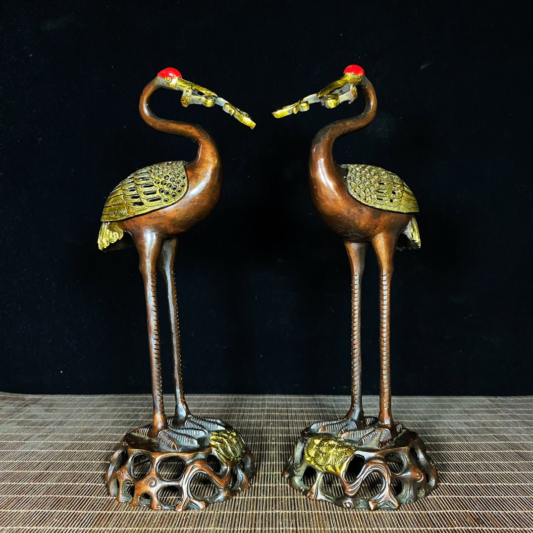 Pair of Handcrafted Gilded Copper Crane Incense Burners - Unique Art Pieces & Gifts