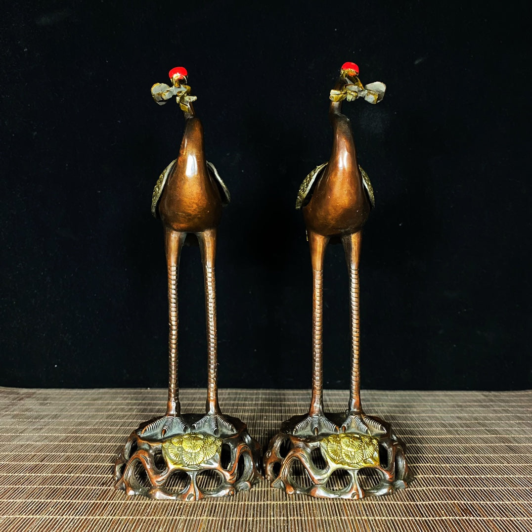 Pair of Handcrafted Gilded Copper Crane Incense Burners - Unique Art Pieces & Gifts